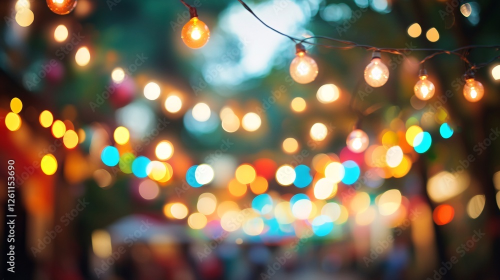 Bokeh Lights Festive String Lights Night Illumination Warm Yellow Orange Blue Green Blurred Background Festive Party Celebration Outdoor Decor Bokeh Lights Festive String Lights Night Illumination Warm Yellow Orange Blue Green Blurred Background Festive Party Celebration Outdoor Decor