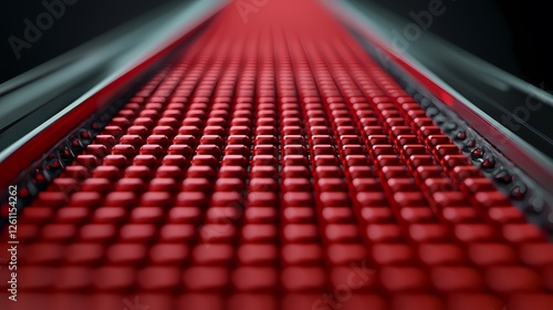 A close-up view of a red, textured surface, featuring a grid of raised dots, creating a vibrant, dynamic pattern against a dark backdrop.