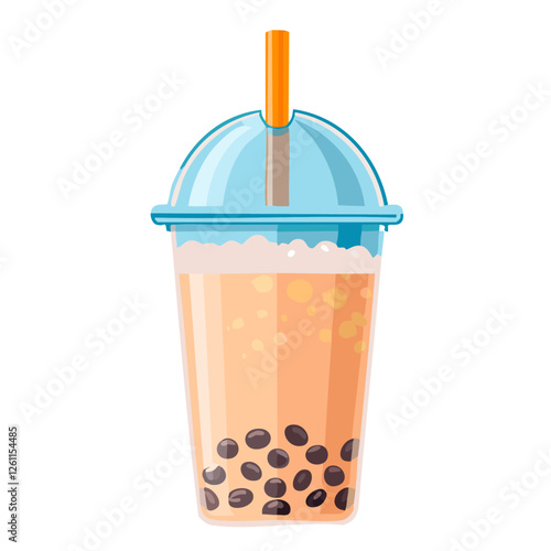 Bubble tea vector color illustration in line art style. Image of refreshing drink with tapioca balls. For menu and packaging