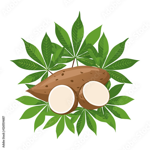 Tapioca root with leaves vector color illustration in line art style. Sketch drawing of cassava plant for making bubble tea. For packaging and design.