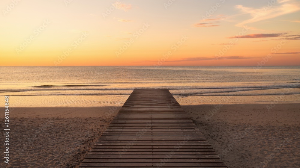 Fototapeta premium A serene wooden pier extends into the tranquil sea at sunset, creating a stunning silhouette against the vibrant orange and pink hues of the sky.