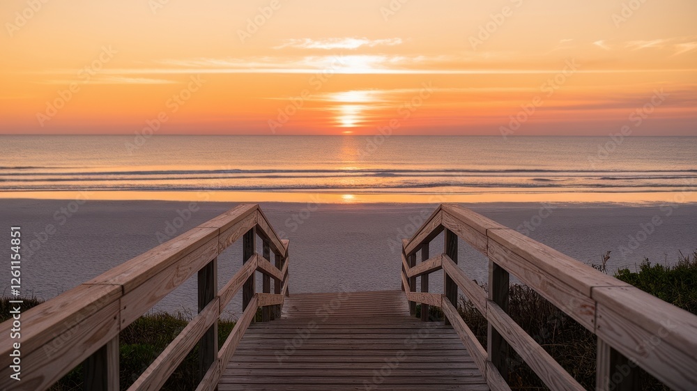 Obraz premium A serene beach scene at sunset, with vibrant orange and pink hues reflecting on calm waters. Wooden steps lead to the shore, inviting tranquility.