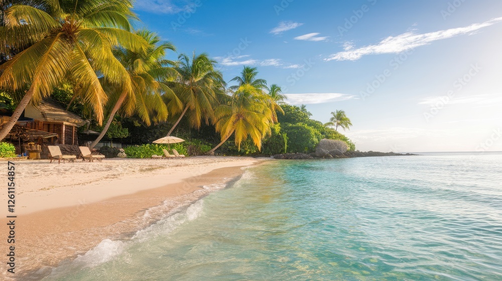 Fototapeta premium A tranquil beach scene showcasing golden sands and palm trees under a clear blue sky, evoking relaxation and serenity.