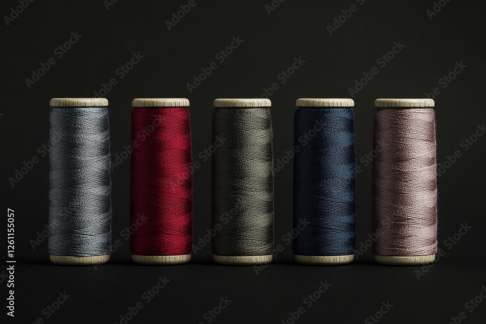 Spools of thread in cool tones against a dark background. Spools of thread ready for sewing projects. Spools of thread in cool tones against a dark background. Spools of thread ready for sewing projects.