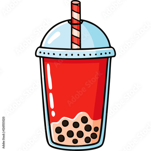 Bubble tea vector color illustration in line art style. Image of refreshing red drink with tapioca balls. For menu and packaging