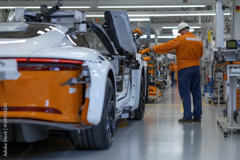 Fototapeta premium Electric vehicle assembly line, technician working on modern car, automotive industry innovation, manufacturing process, electric mobility concept
