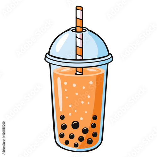 Bubble tea vector color illustration in line art style. Image of refreshing orange drink with tapioca balls. For menu and packaging