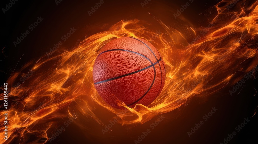 Fototapeta premium An orange basketball surrounded by dynamic flames, symbolizing energy and passion in sports. A striking visual representation of the game.