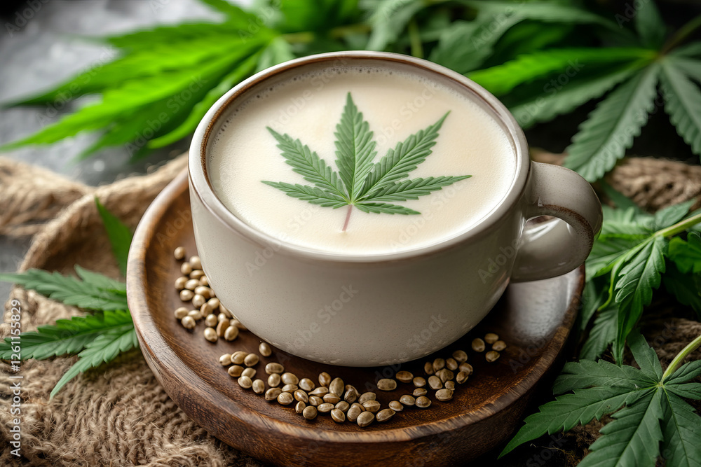 Cannabis leaf on a milk coffee cup, with a background of cannabis leaves and hemp seeds. Cannabis leaf on a milk coffee cup, with a background of cannabis leaves and hemp seeds.