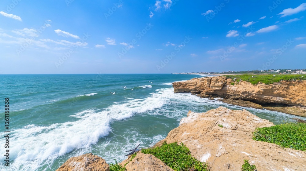 Fototapeta premium Coastal cliffs, ocean waves, surfers, sunny day