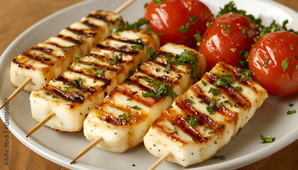 Vegetarian grilling. Vegetarian skewers with halloumi cheese and tomatoes on wooden background Vegetarian grilling. Vegetarian skewers with halloumi cheese and tomatoes on wooden background