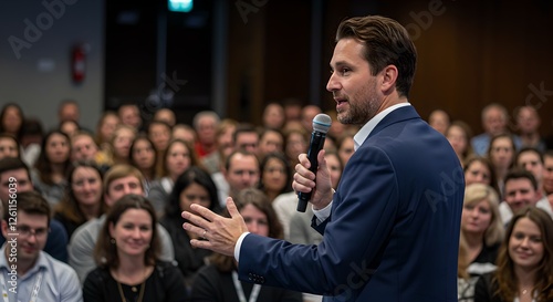 A Man Confidently Addressing an Audience at a Town Hall Meeting, Engaging in Open Dialogue and Leading a Discussion on Community Issues and Solutions
