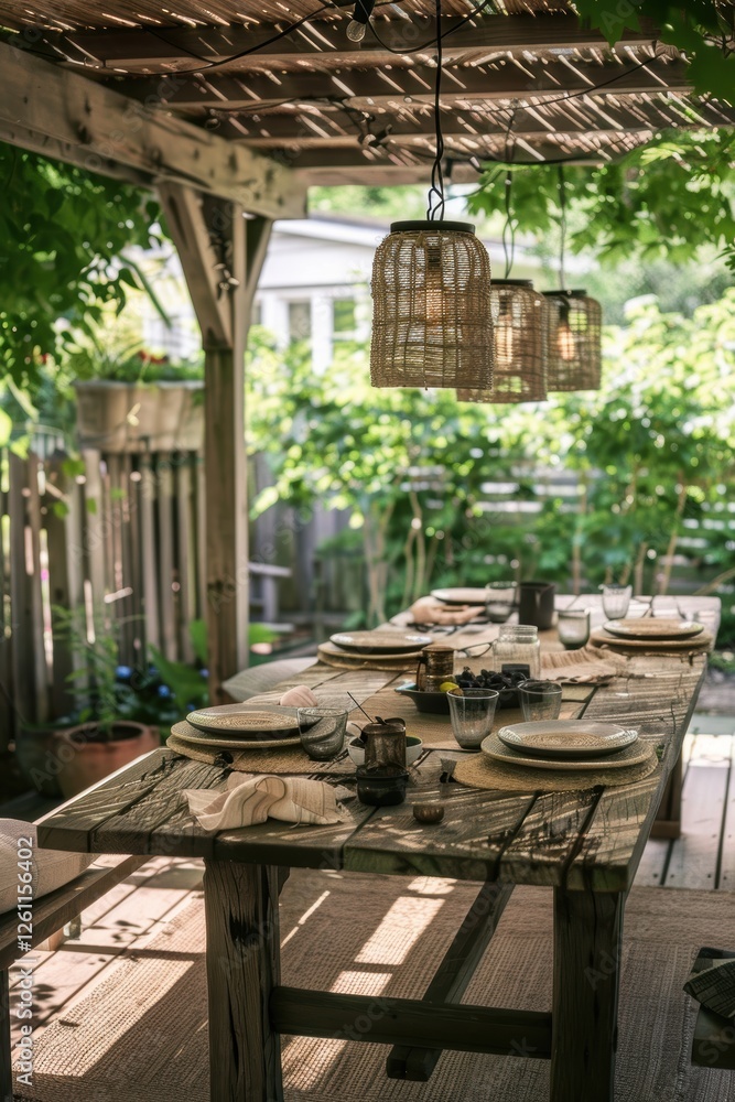 Fototapeta premium Eco-Friendly Outdoor Dining Area with Reclaimed Wood Table and Recycled Glass Lanterns