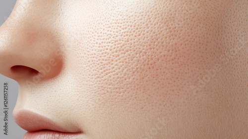 Close-up of woman's cheek, showing detailed skin texture, pores and fine vellus hair, part of nose and lips visible. photo