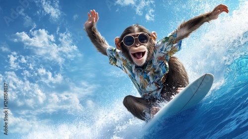 A cheerful monkey wearing sunglasses and a Hawaiian shirt surfs a wave, enjoying the sunny weather and ocean spray. photo