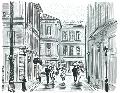Rainy street and walking couples under umbrellas, pencil drawing