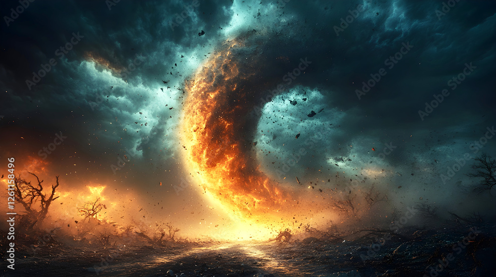 Obraz premium Massive fiery tornado spiraling through a dark apocalyptic landscape, scattering debris and engulfing the surroundings in flames. Ominous storm clouds add to the dramatic and chaotic atmosphere