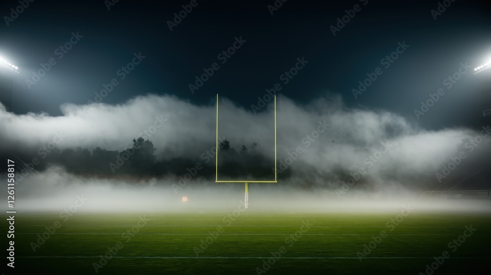 A hauntingly atmospheric view of a football field at night, shrouded in mist and illuminated by bright stadium lights, creating an eerie yet captivating scene. A hauntingly atmospheric view of a football field at night, shrouded in mist and illuminated by bright stadium lights, creating an eerie yet captivating scene.