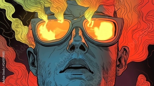 Man with Colorful Smoke and Fiery Glasses Creating a Surreal Portrait in an Artistic and Abstract Style photo