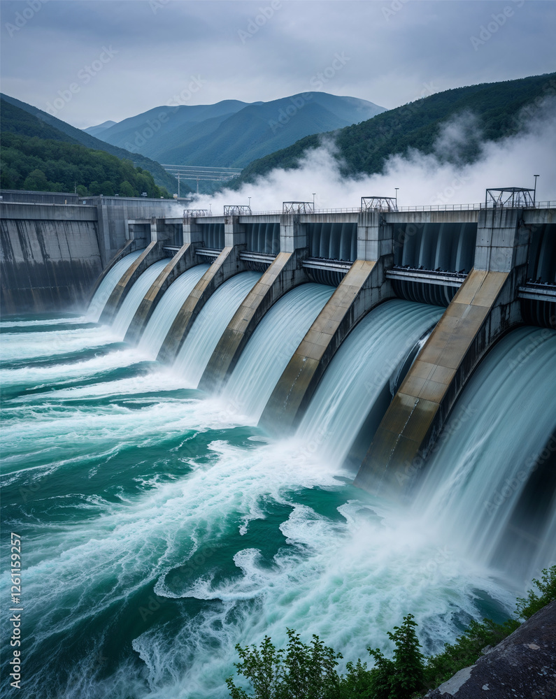 Hydroelectric dam releasing powerful water flow, generating renewable energy. Hydroelectric dam releasing powerful water flow, generating renewable energy.
