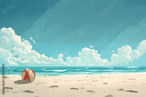 A whimsical beach with bright sunny skies, soft waves, and a peaceful atmosphere in a playful, toddler-friendly illustration style.