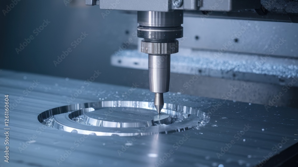 A precision CNC milling machine cutting a circular detail in a metallic workpiece, showcasing the importance of technology in modern manufacturing. A precision CNC milling machine cutting a circular detail in a metallic workpiece, showcasing the importance of technology in modern manufacturing.
