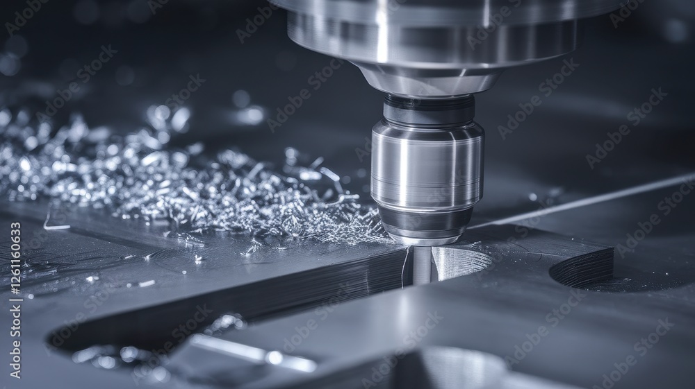 Close-up of a high precision CNC milling machine cutting a metal workpiece, showcasing the intricate details and shavings in a modern workshop. Close-up of a high precision CNC milling machine cutting a metal workpiece, showcasing the intricate details and shavings in a modern workshop.