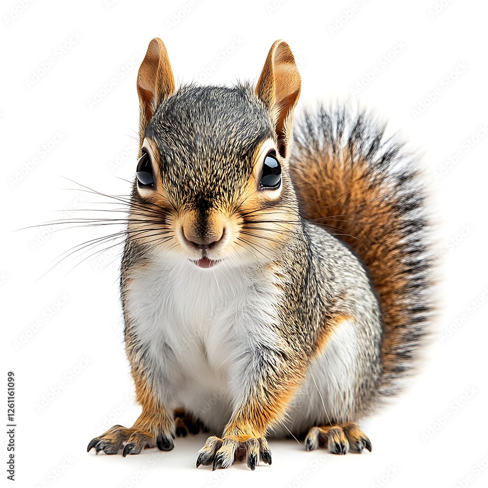 Fototapeta premium Cute squirrel posing, white background, wildlife, nature (1)