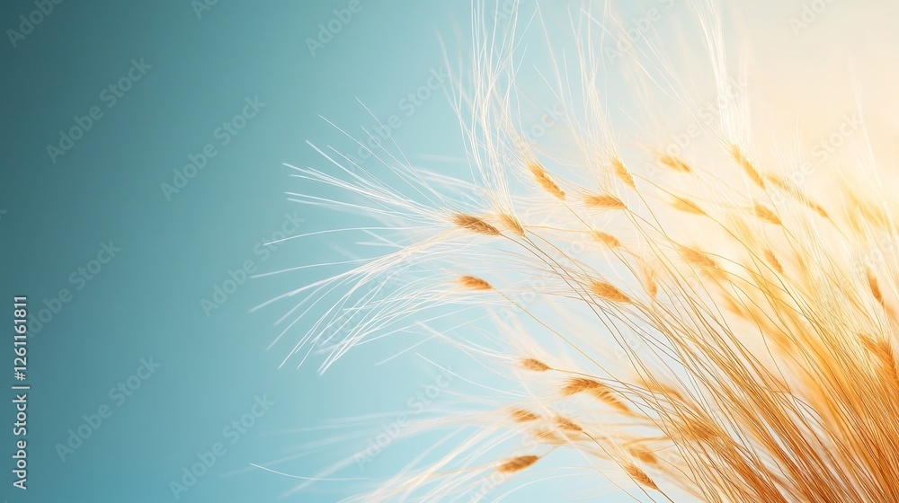 Golden Wheat Stalks Gently Swaying Against a Soft Blue Background Golden Wheat Stalks Gently Swaying Against a Soft Blue Background