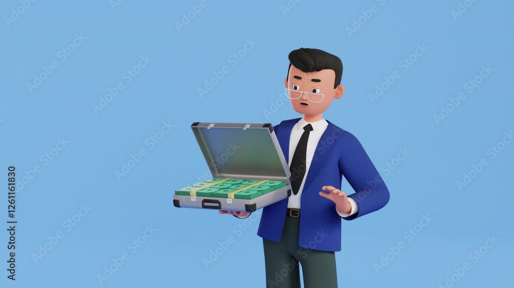 Surprised man character with a suitcase full of money. Dollar bills, cash stacks. earn money, win, income concept. finance business profits, investment, savings. 3d render motion design Surprised man character with a suitcase full of money. Dollar bills, cash stacks. earn money, win, income concept. finance business profits, investment, savings. 3d render motion design