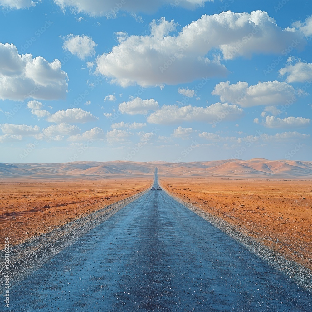 Fototapeta premium Desert Highway Stretching Towards Distant Mountains Under Blue Sky