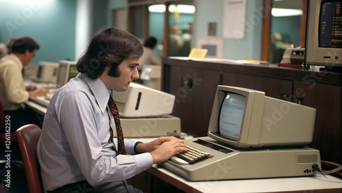 Throwback to the 70s: Man Coding on Vintage Computer at Work