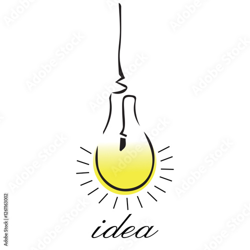 Postcard with burning yellow light bulb with the inscription Idea, brainstorming concept, lamp is depicted in ink, the concept of idea, hand drawn light bull