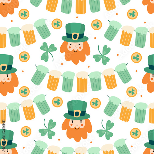 Seamless pattern with leprechaun faces, beer mugs, shamrocks, gold coins, and festive garlands. Perfect for St. Patrick’s Day fabric, wrapping paper, wallpaper, and party decorations