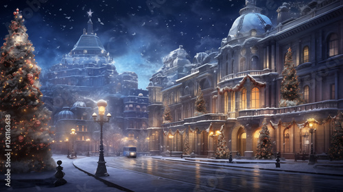 Festive Winter Cityscape with Christmas Decorations