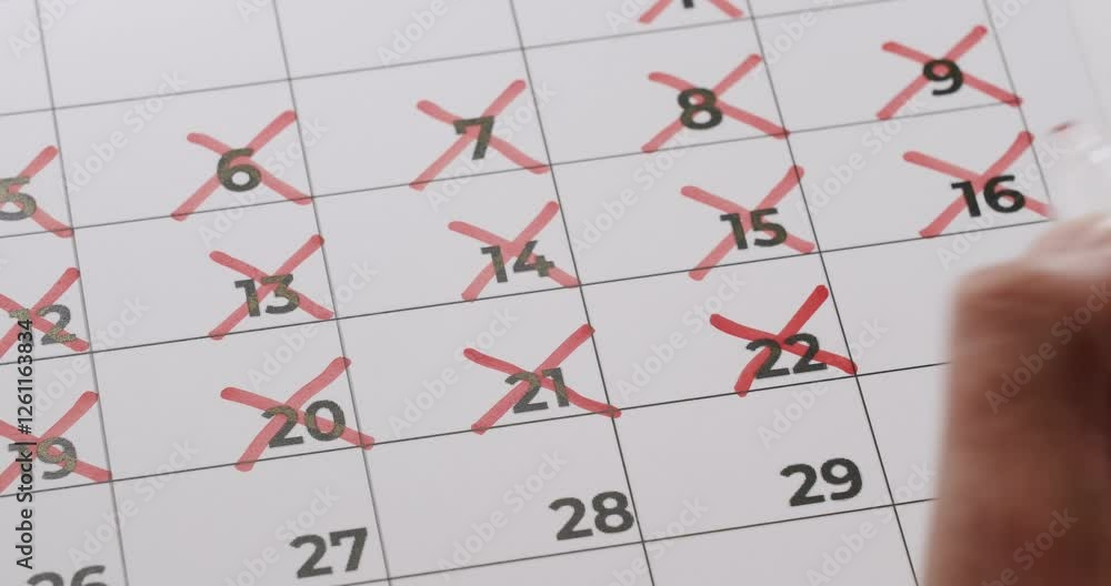 Hand marking calendar dates with red crosses. Represents planning, time management, and counting down days. Person Marking Calendar Dates With Red Crosses for Important Schedule Management Hand marking calendar dates with red crosses. Represents planning, time management, and counting down days. Person Marking Calendar Dates With Red Crosses for Important Schedule Management