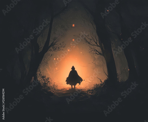 Mysterious hooded figure walking through a mystical forest path illuminated by an ethereal orange glow, creating a serene and magical atmosphere. photo