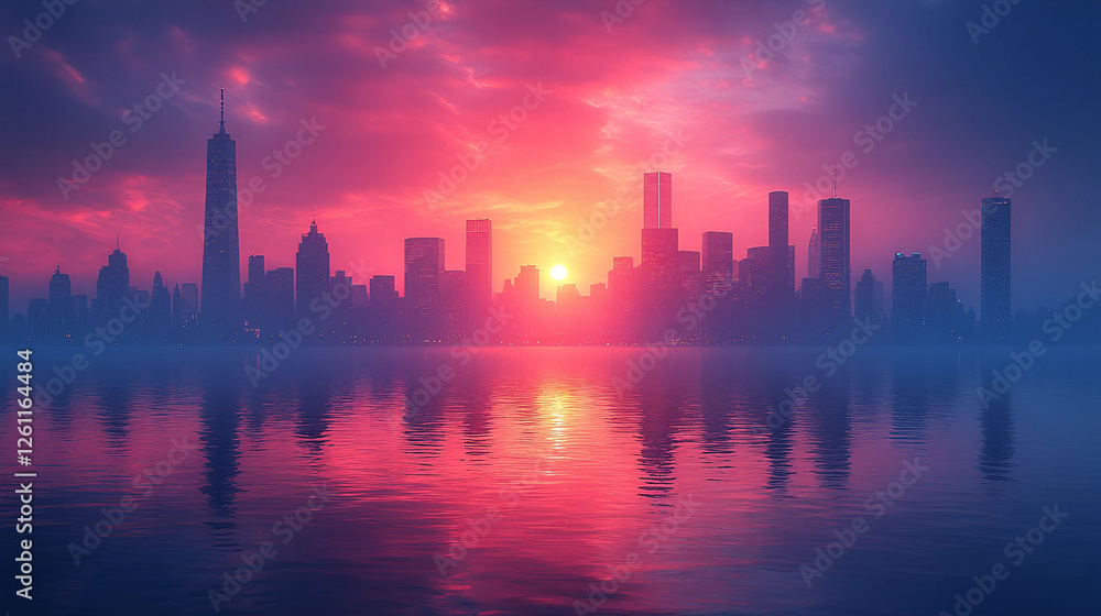 Dreamy city skyline reflected in water, colorful sunset gradient, minimalist vibe with soft pastel tones Dreamy city skyline reflected in water, colorful sunset gradient, minimalist vibe with soft pastel tones