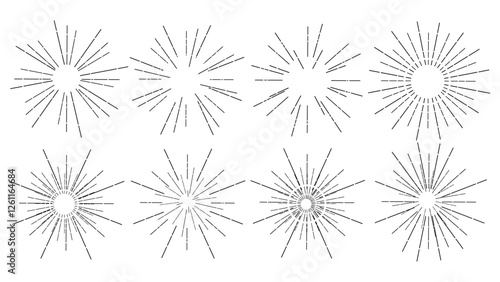 Collection of fireworks on white background, holiday concept, collection of sparklers for decoration and design, bright lights of fireworks