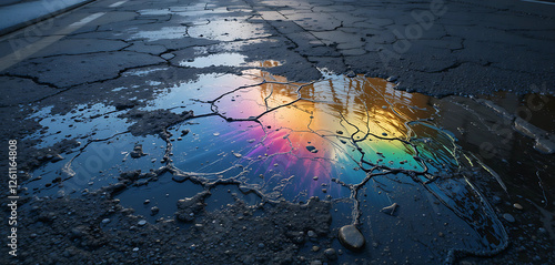 A tileable, high-resolution urban street texture featuring a thin layer of spilled oil creating swirling rainbow reflections over rough asphalt. Ideal for cyberpunk cities, gritty backstreets. photo