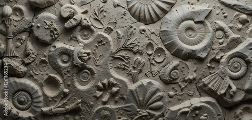 A seamless, high-resolution stone texture embedded with visible imprints of prehistoric plants, ammonites, and skeletal remains. Ideal for museum displays, archaeology themes, or fantasy adventure map photo