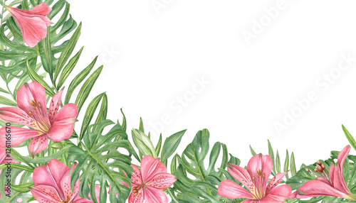 Watercolor pink flowers and palm, monstera leaves horizontal frame with copy space for text. Alstroemeria and tropical leaf plants isolated illustration. Border for beauty salon design, invitation.