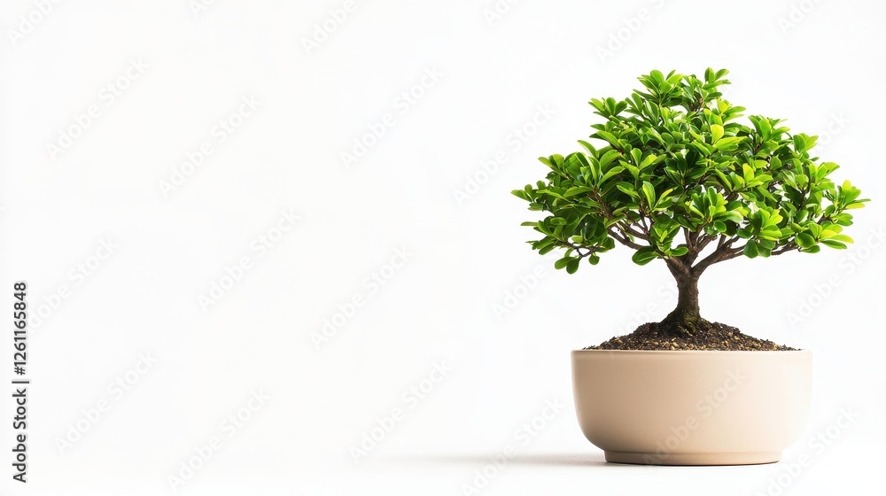A Small Potted Bonsai Tree with Fresh Green Leaves against a Light Background for Natural Decor A Small Potted Bonsai Tree with Fresh Green Leaves against a Light Background for Natural Decor
