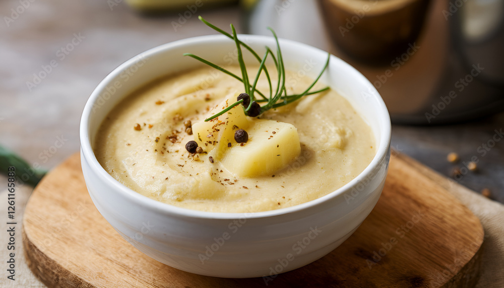Creamy potato and leek soup topped with black pepper and green sprigs served in white bowl on wooden board. Creamy potato and leek soup topped with black pepper and green sprigs served in white bowl on wooden board.