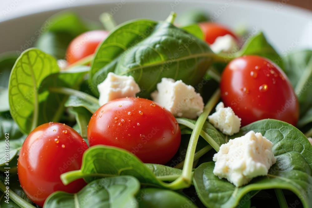 a vibrant salad composed primarily of fresh spinach leaves, which are lush and green. Scattered throughout the salad are several halved cherry tomatoes a vibrant salad composed primarily of fresh spinach leaves, which are lush and green. Scattered throughout the salad are several halved cherry tomatoes