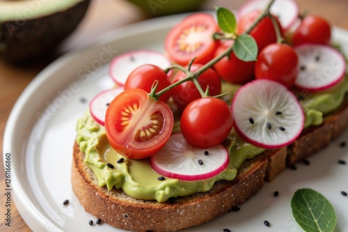 a beautifully arranged open-faced sandwich sitting on a plate. The base is a slice of brown bread, adorned with a vibrant green spread, likely an avocado or a similar creamy topping photo