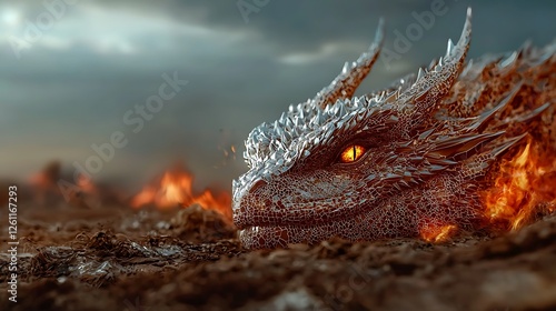 Majestic dragon resting amidst fiery landscape, showcasing detailed scales and intense gaze photo