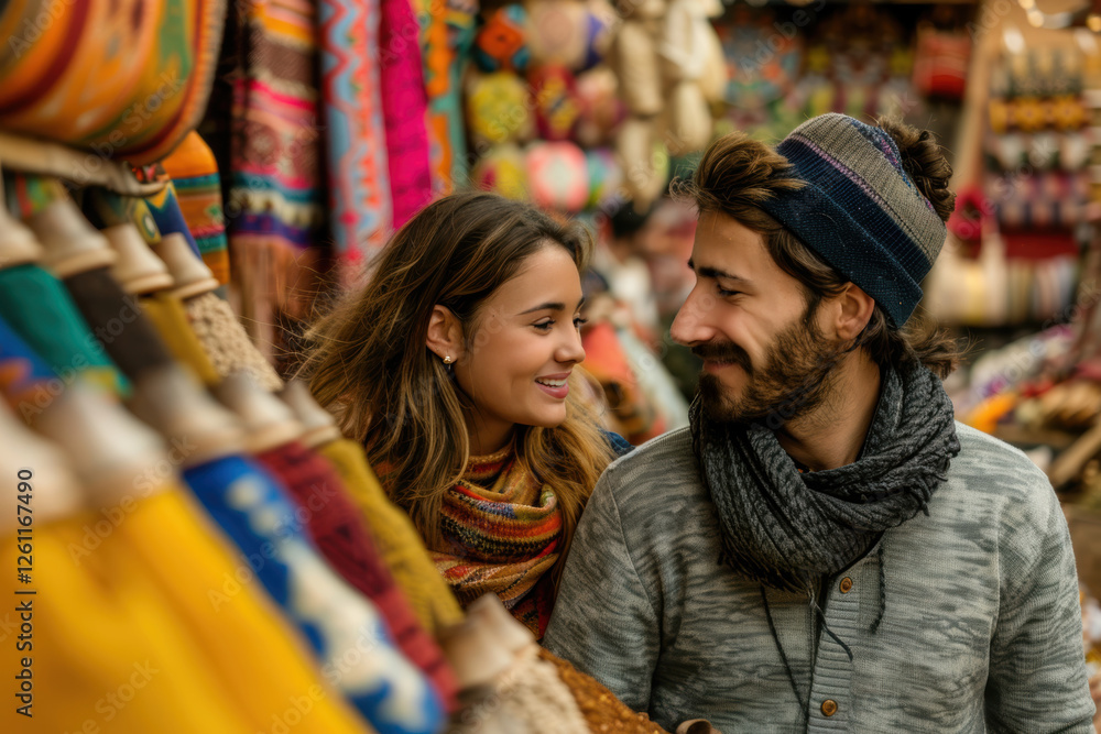 Obraz premium Couple Exploring Vibrant Moroccan Market with Colorful Textiles and Exotic Spices