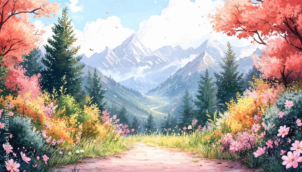 Vibrant forest path leading to majestic mountains Vibrant forest path leading to majestic mountains
