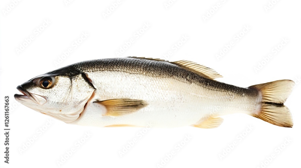 Obraz premium Fresh Sea Bass Fish Isolated on White Background for Culinary Use